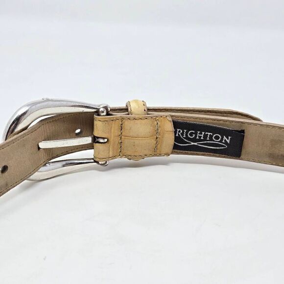 BRIGHTON CREAM TAN CROC LEATHER SILVER WESTERN BUCKLE WOMENS SIZE 30 M 1" WIDE - Picture 4 of 6